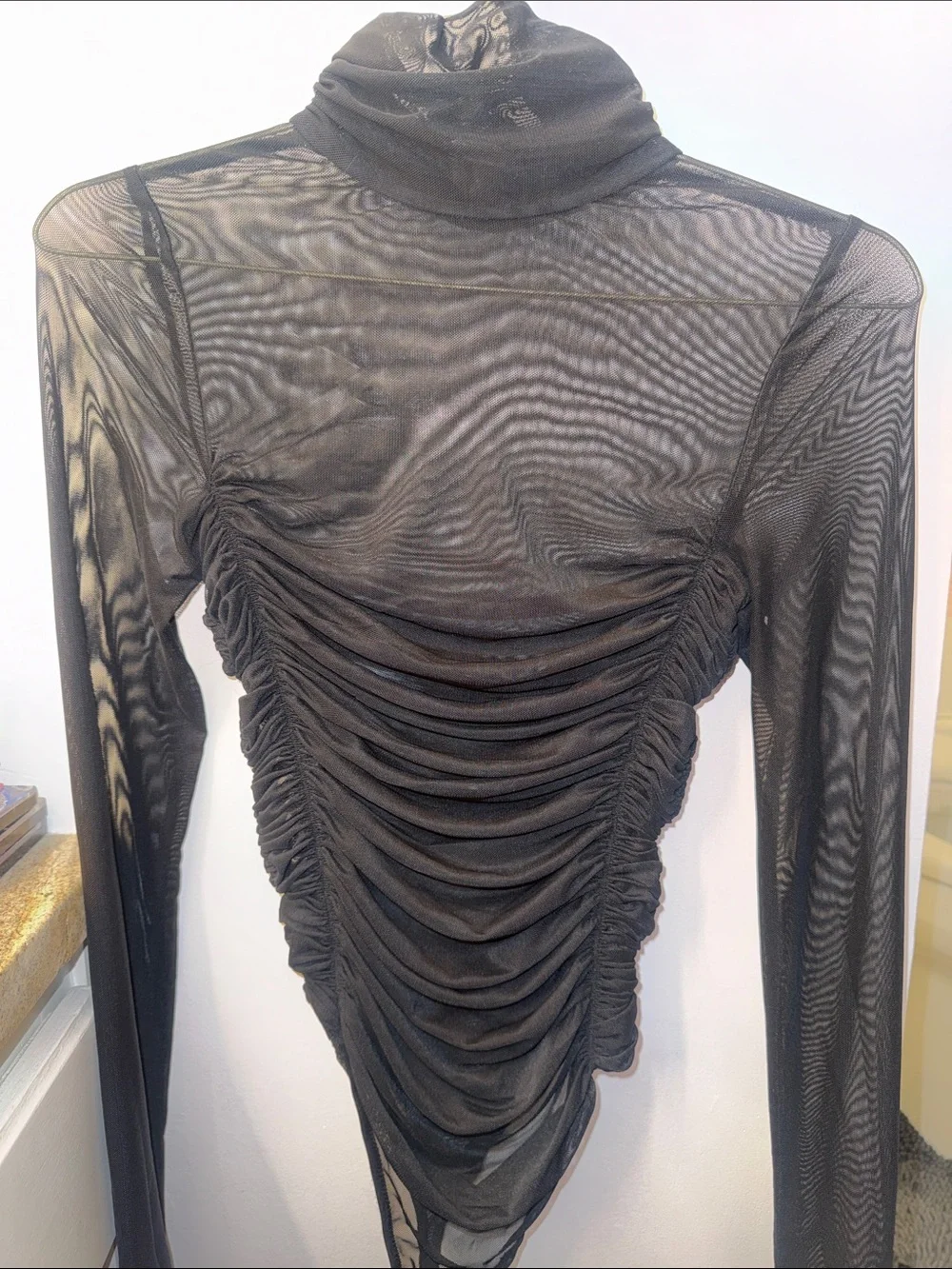 Sheer Black Ruched Turtleneck Long Sleeve body suit
